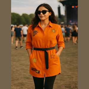 80s JULI ANNE COTTON ORANGE W POP ART PRINT IN BLACK, BLUE & YELLOW TUNIC SZ L